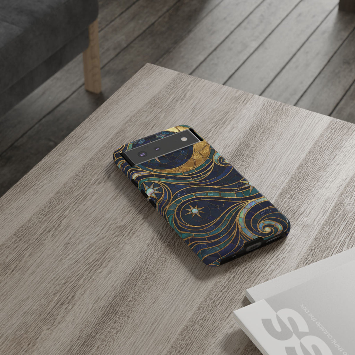 Elegant Navy & Gold Crescent Moon Mosaic Phone Case