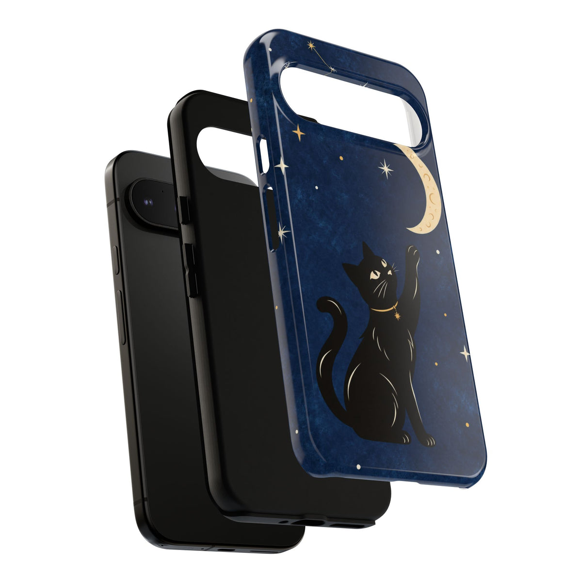 Whimsical Navy Blue Celestial Black Cat Phone Case