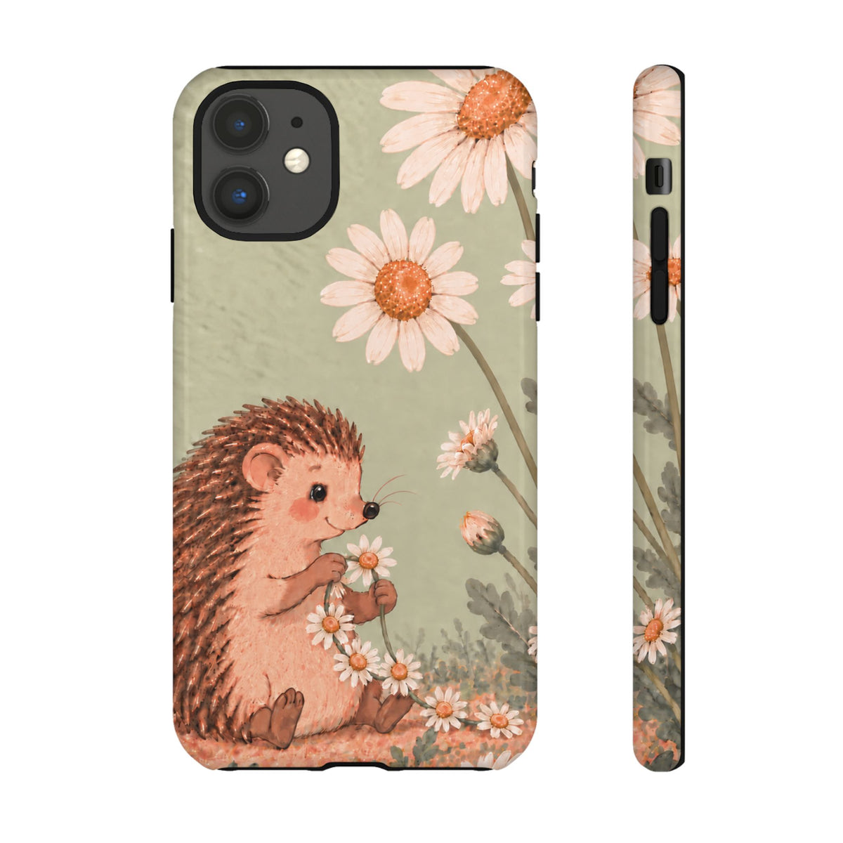 Whimsical Sage Green Hedgehog and Daisy Chain Phone Case - Green Phone Case - iPhone 11 / Glossy