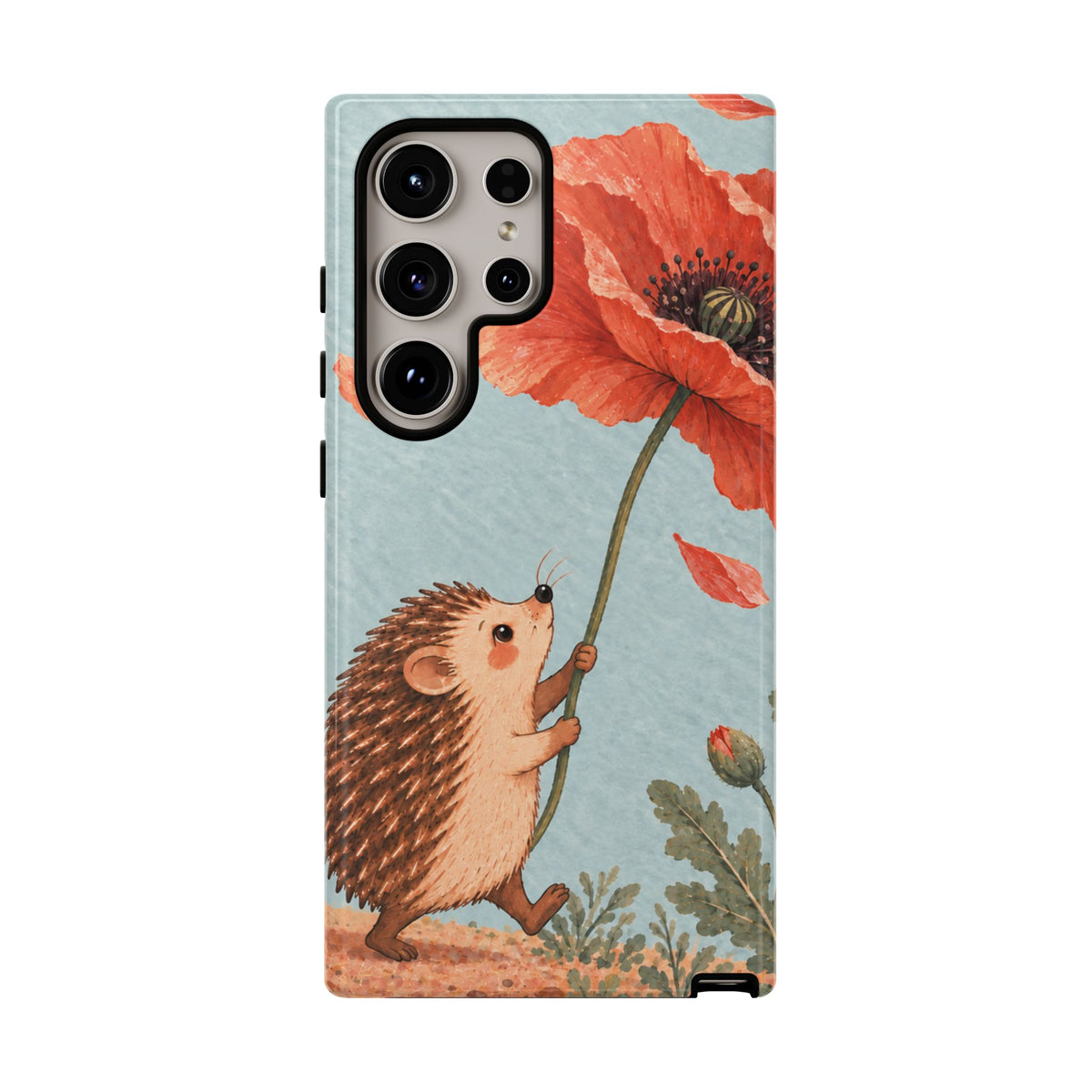 Whimsical Pale Blue Hedgehog and Poppy Phone Case - Blue Phone Case - Samsung Galaxy S24 Ultra / Glossy
