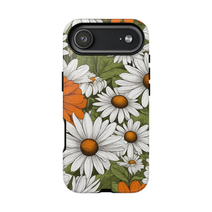 iPhone 17 Air / Glossy Phone Case - Boho Chic Daisies Floral Pattern ’White Orange & Green’ Phone Case