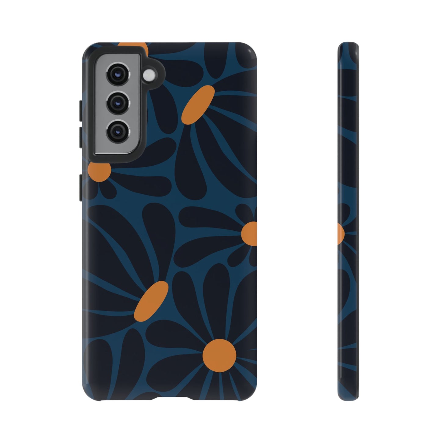 Samsung Galaxy S21 / Glossy Phone Case - ’Dark Blue & Orange Daisy Pattern’ Phone Case