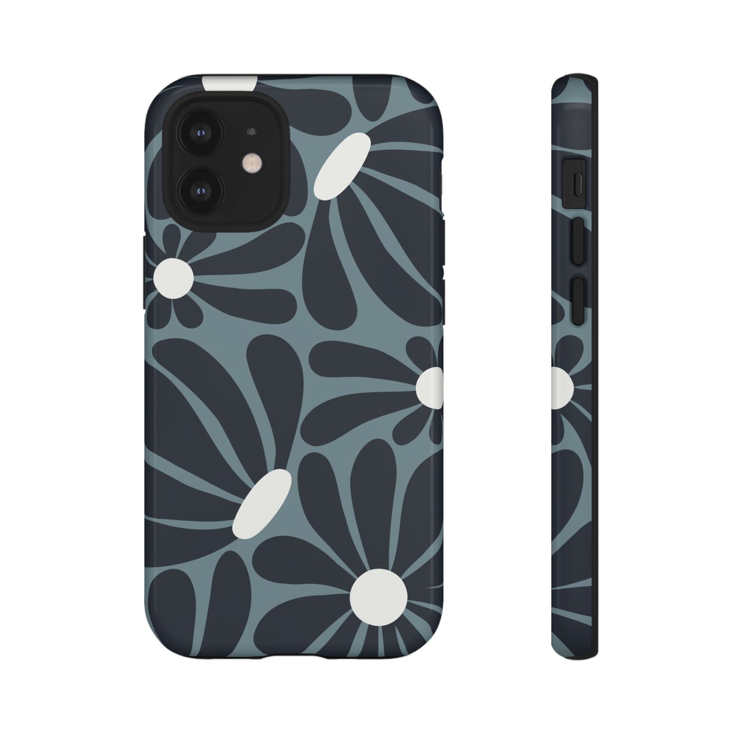 iPhone 12 Mini / Glossy Phone Case - ’Retro Navy Blue & White Daisy Pattern’ Phone Case