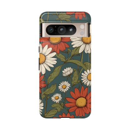 Google Pixel 8 Pro / Glossy Phone Case - Boho Chic Daisies Floral Pattern ’White & Red’ Phone Case