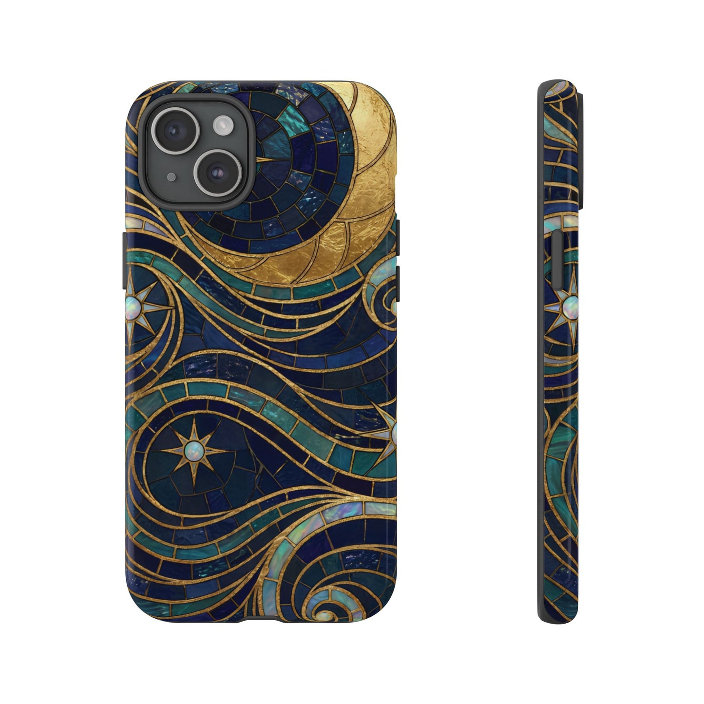 Elegant Navy & Gold Crescent Moon Mosaic Phone Case
