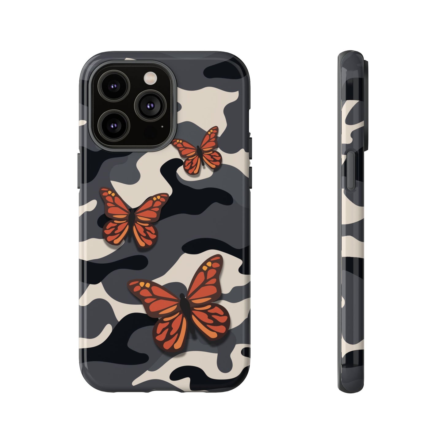 iPhone 14 Pro Max / Glossy Phone Case - Black & Orange Butterfly Camo Phone Case