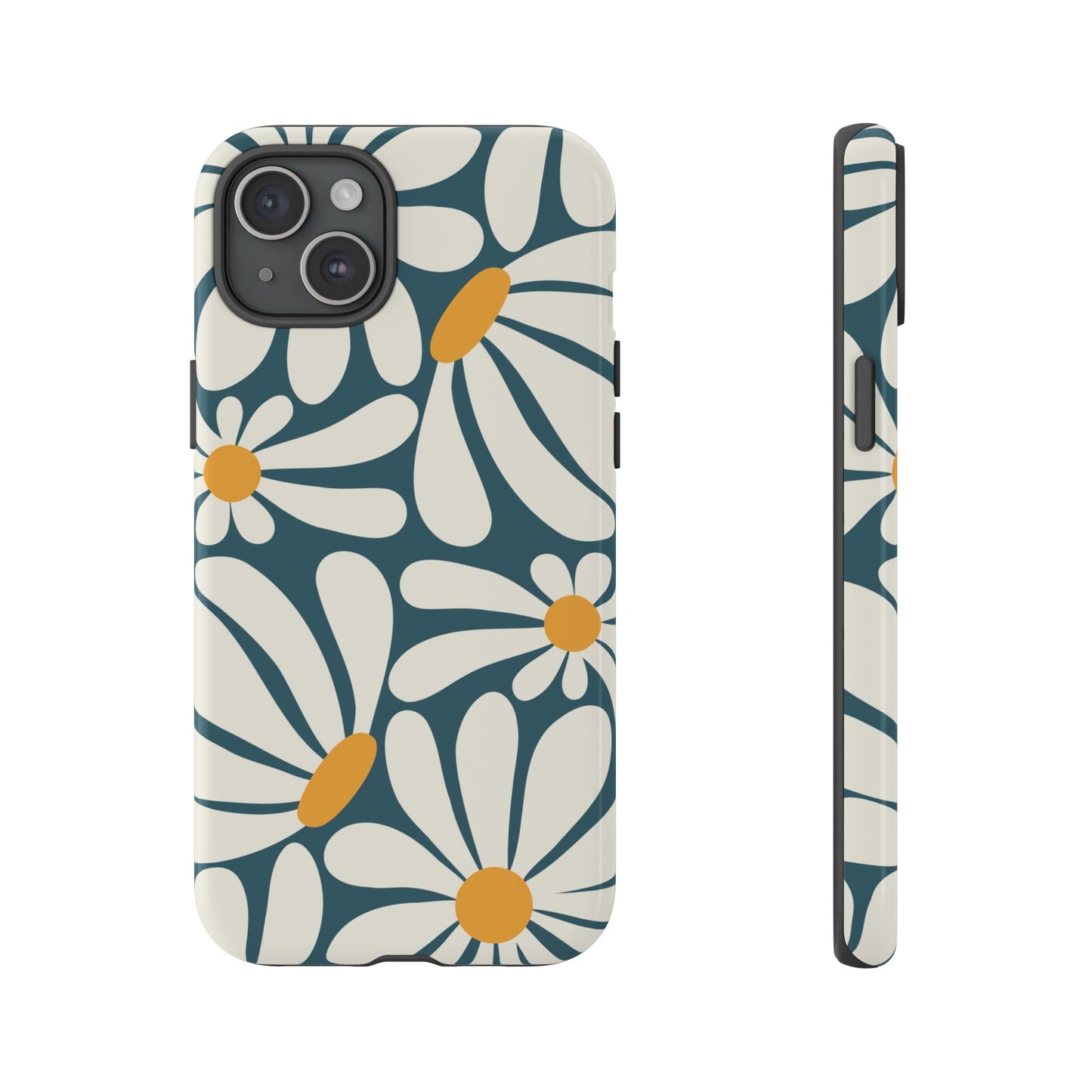 iPhone 15 Plus / Glossy Phone Case - Retro Blue Daisy Pattern Phone Case