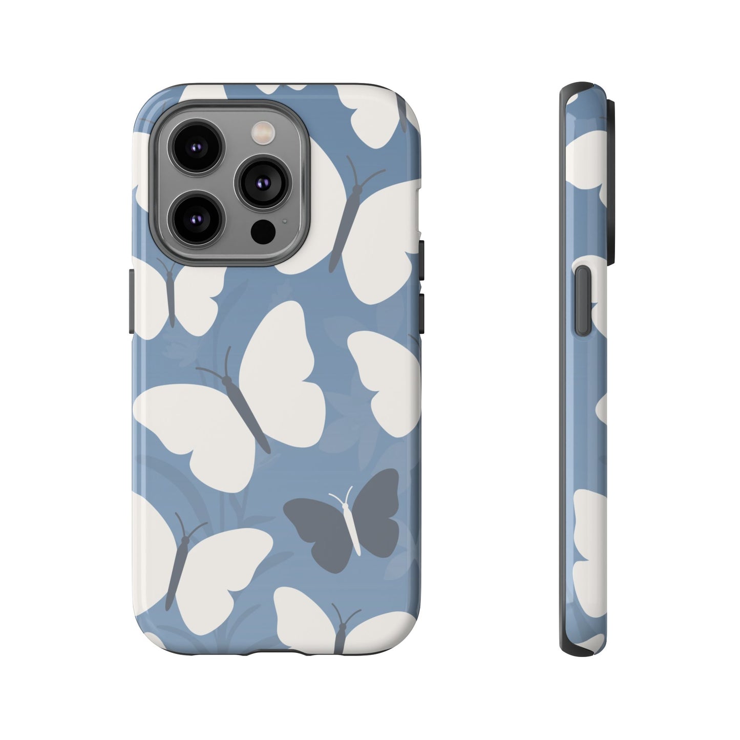 iPhone 14 Pro / Glossy Phone Case - Minimalist Light Blue Butterfly Pattern Phone Case