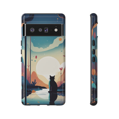 Google Pixel 6 Pro / Glossy Phone Case - Stylised Cat & Moon Design Phone Case