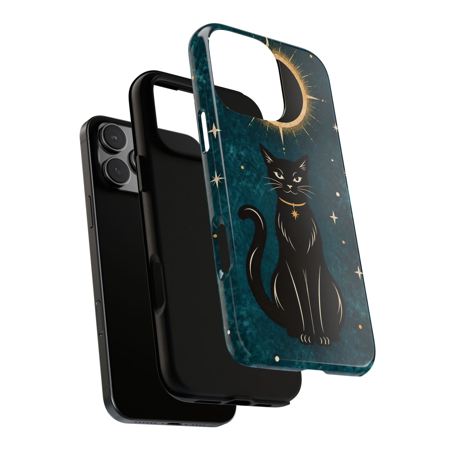 Whimsical Teal Celestial Black Cat Phone Case