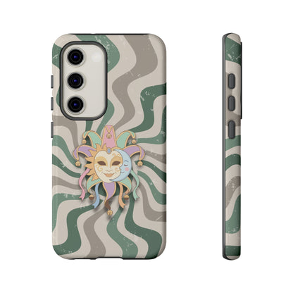 Samsung Galaxy S23 / Glossy Phone Case - Sun & Moon Jester Mask – Green Retro Wave Phone Case