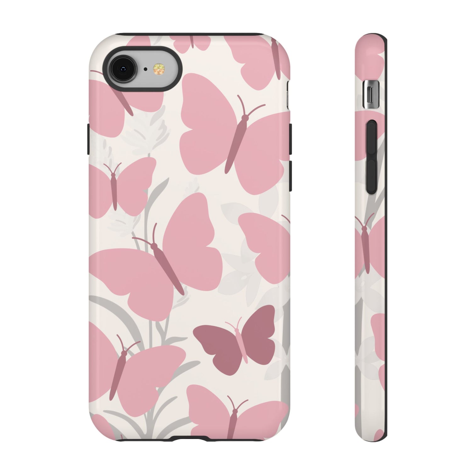 iPhone 8 / Glossy Phone Case - Minimalist Cream & Pink Butterfly Pattern Phone Case