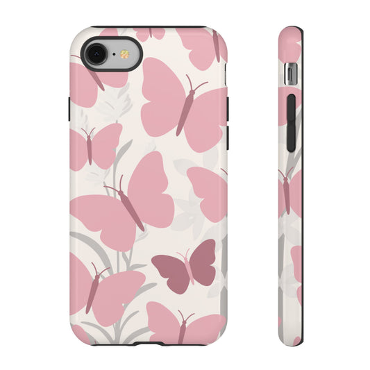 iPhone 8 / Glossy Phone Case - Minimalist Cream & Pink Butterfly Pattern Phone Case
