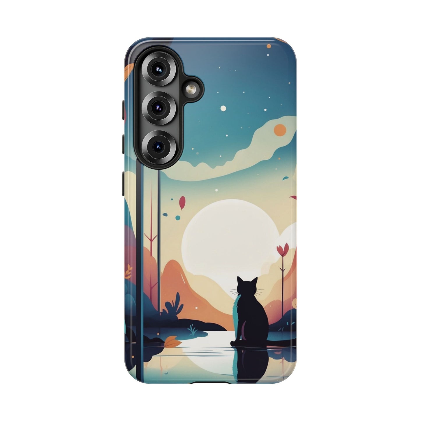 Samsung Galaxy S25 / Glossy Phone Case - Stylised Cat & Moon Design Phone Case