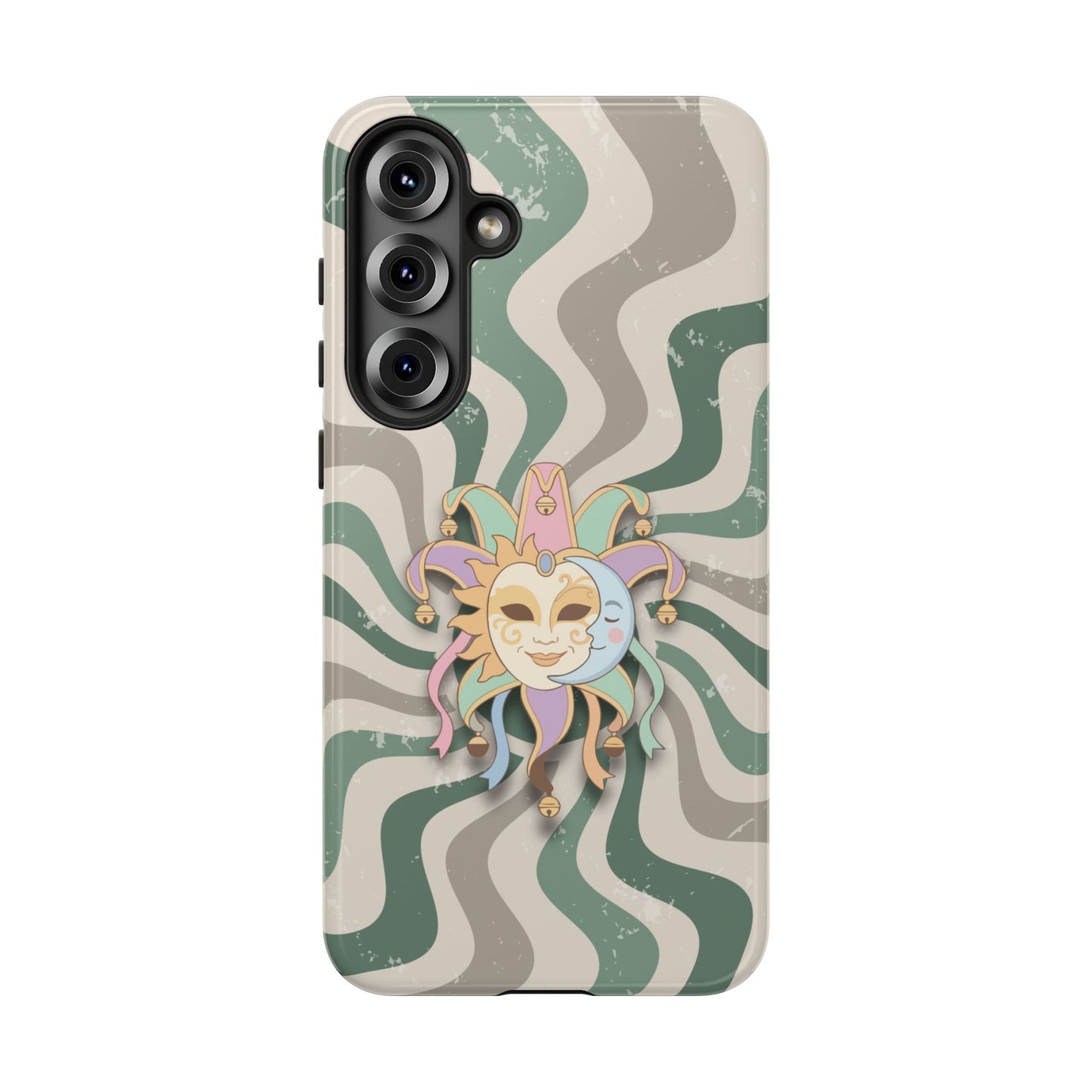Samsung Galaxy S25 Plus / Glossy Phone Case - Sun & Moon Jester Mask – Green Retro Wave Phone Case