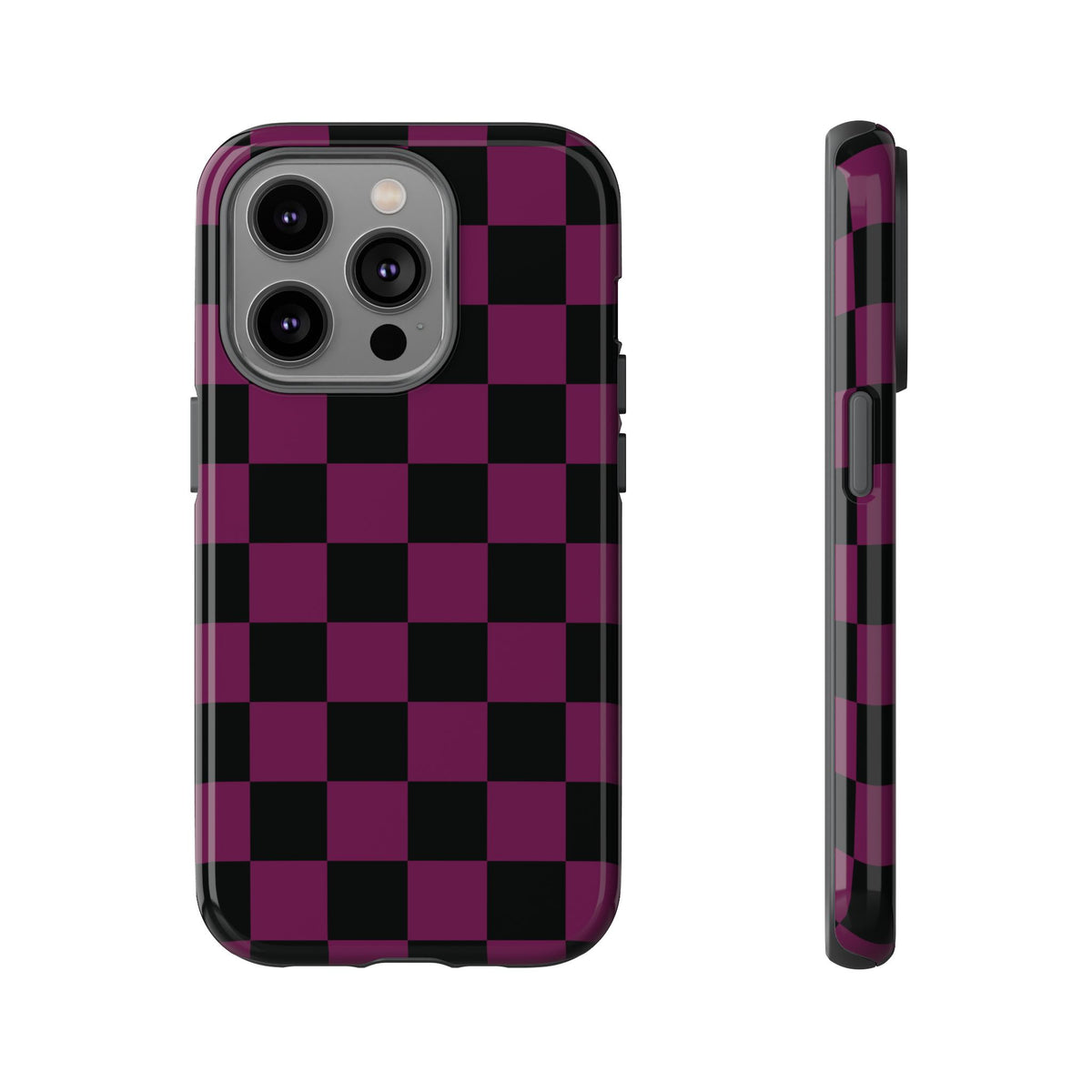 Trendy Plum & Black Checked Pattern Phone Case - Purple Phone Case - iPhone 14 Pro / Glossy