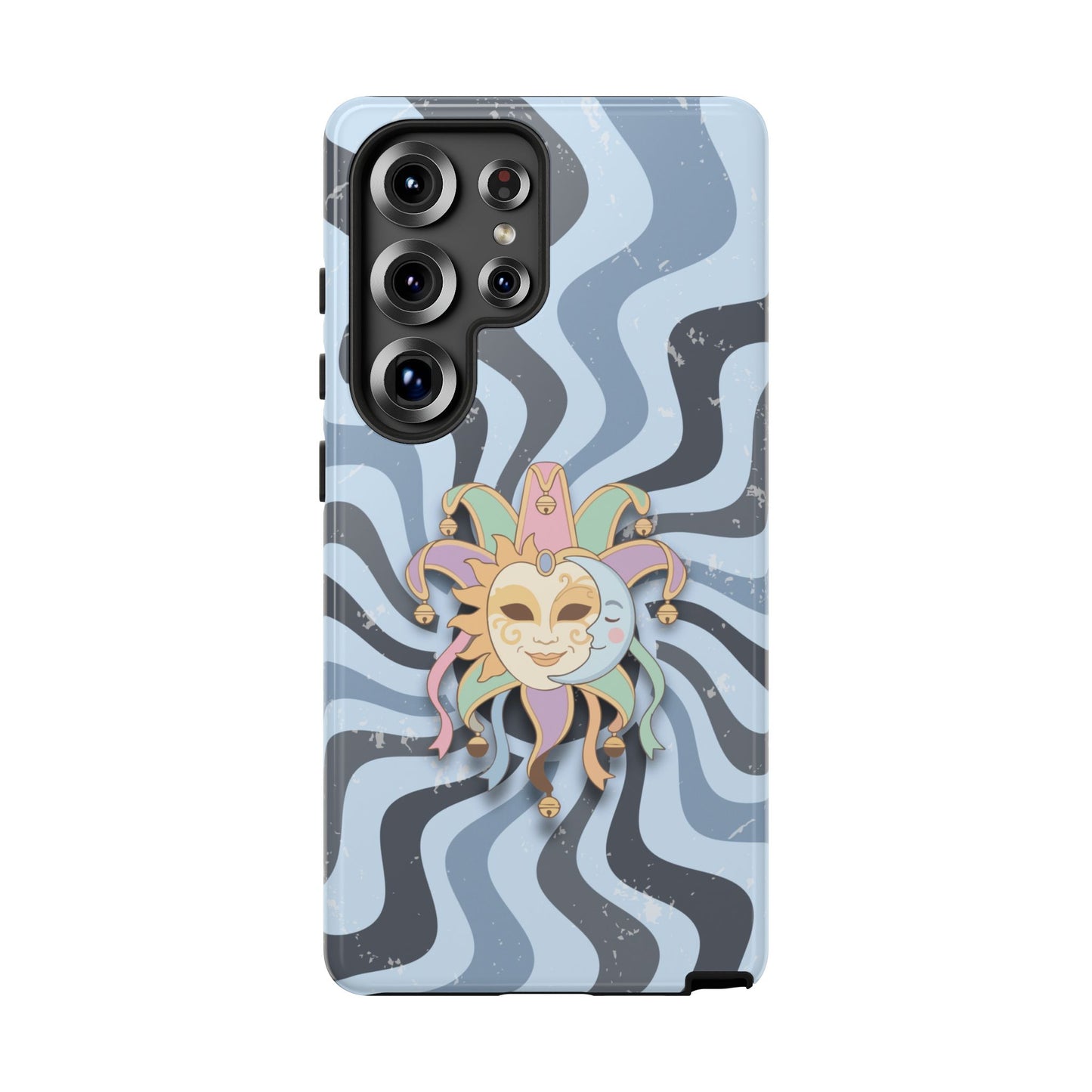 Samsung Galaxy S25 Ultra / Glossy Phone Case - Sun & Moon Jester Mask – Blue Retro Wave Phone Case