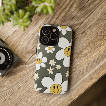 Phone Case - Fun Retro Daisy Pattern with Olive Green Background Phone Case