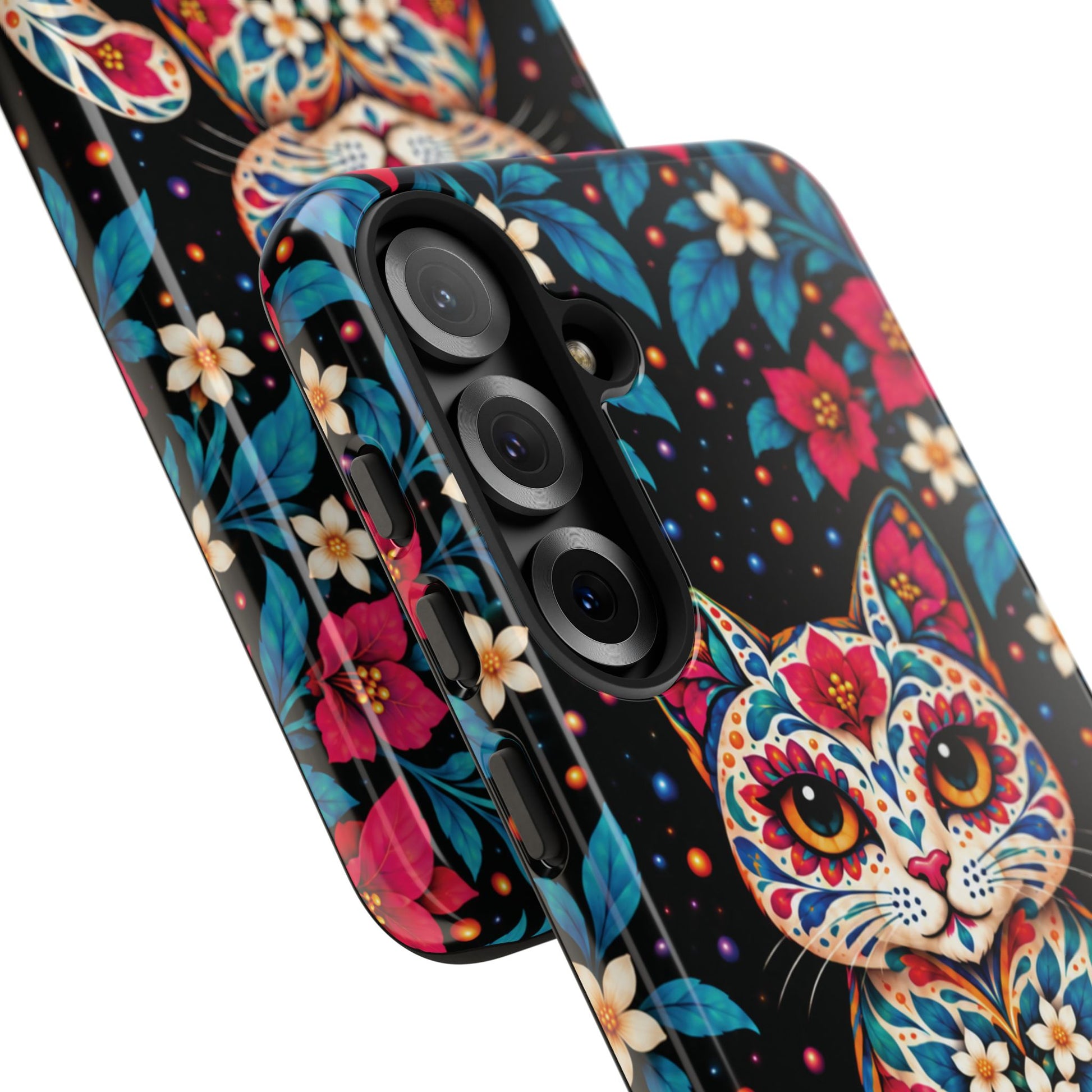 Vibrant Pink and Turquoise Calavera Cat Phone Case - Multicolor Phone Case