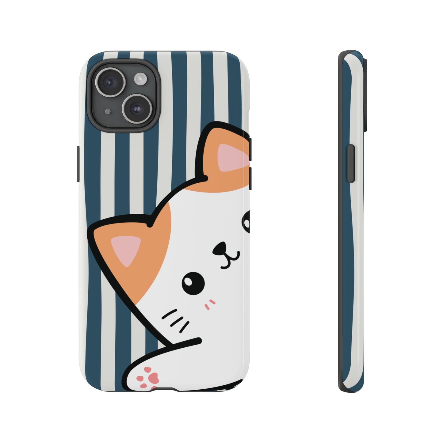 Playful Peakaboo Cat with Blue Stripe Pattern Phone Case - Blue Phone Case - iPhone 15 Plus / Glossy