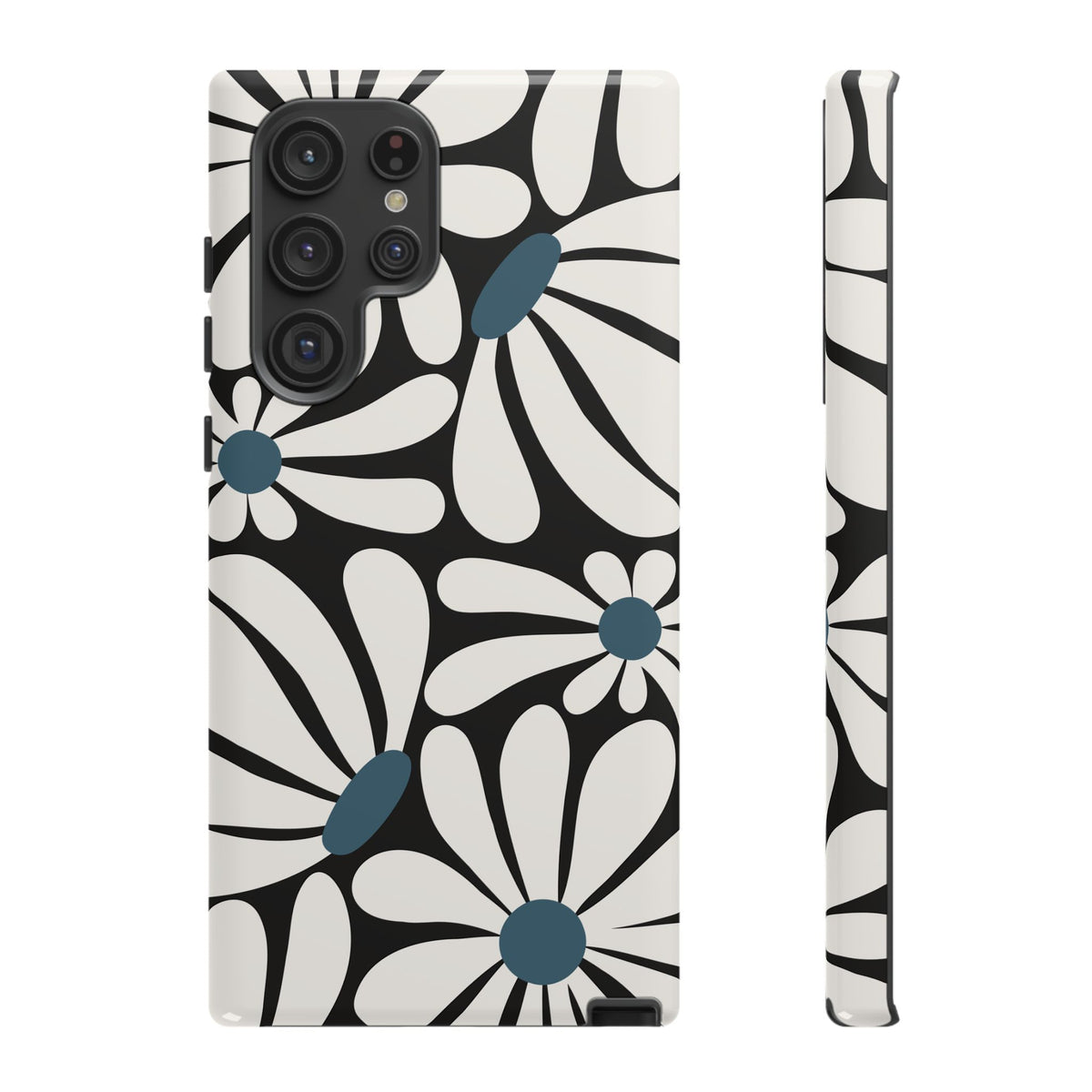 Retro Black Daisy Pattern Phone Case - Black Phone Case - Samsung Galaxy S22 Ultra / Glossy