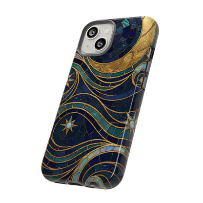 Elegant Navy & Gold Crescent Moon Mosaic Phone Case