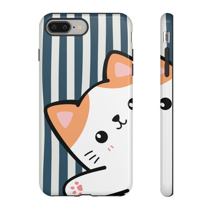 Playful Peakaboo Cat with Blue Stripe Pattern Phone Case - Blue Phone Case - iPhone 8 Plus / Glossy