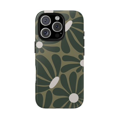iPhone 16 Pro / Glossy Phone Case - ’Retro Olive Green Daisy Pattern’ Phone Case