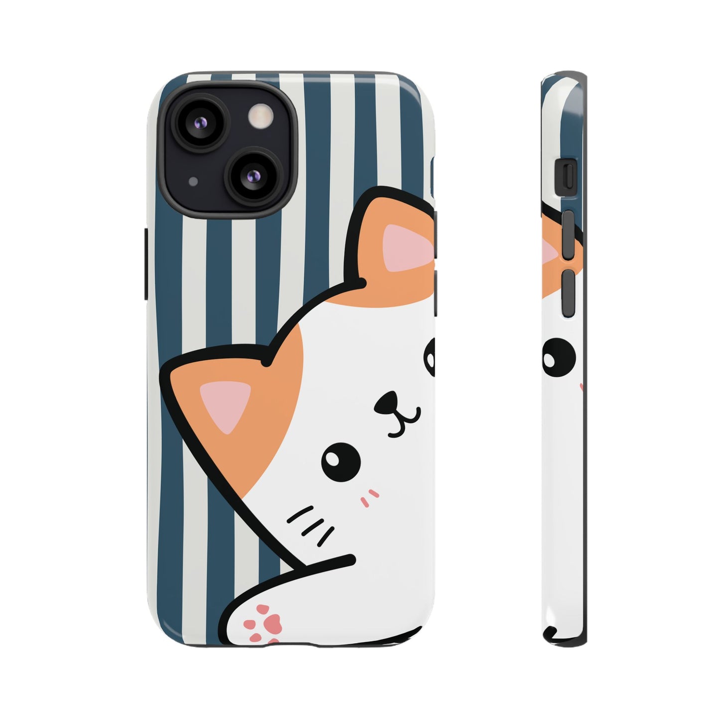 Playful Peakaboo Cat with Blue Stripe Pattern Phone Case - Blue Phone Case - iPhone 13 Mini / Glossy