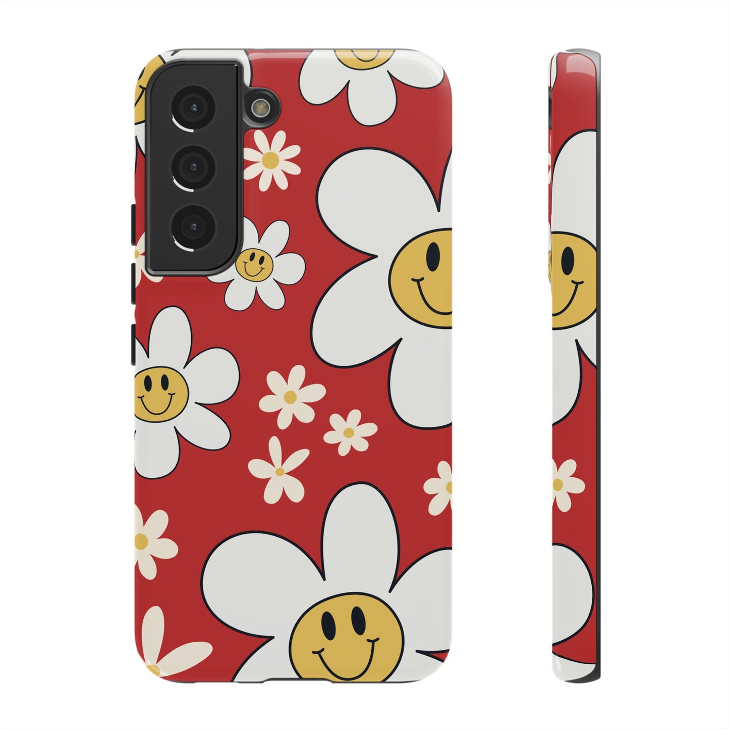 Samsung Galaxy S22 / Glossy Phone Case - Fun Retro Daisy Pattern with Red Background Phone Case