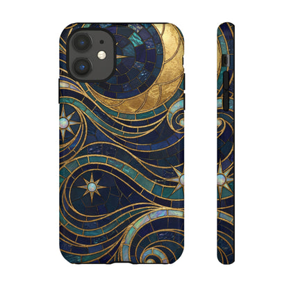 Elegant Navy & Gold Crescent Moon Mosaic Phone Case