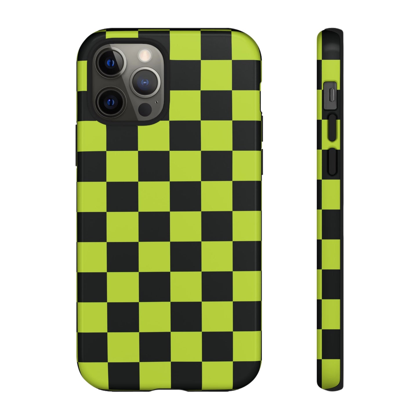iPhone 12 Pro / Glossy Phone Case - Trendy Neon Lime Green & Black Checked Pattern Phone Case