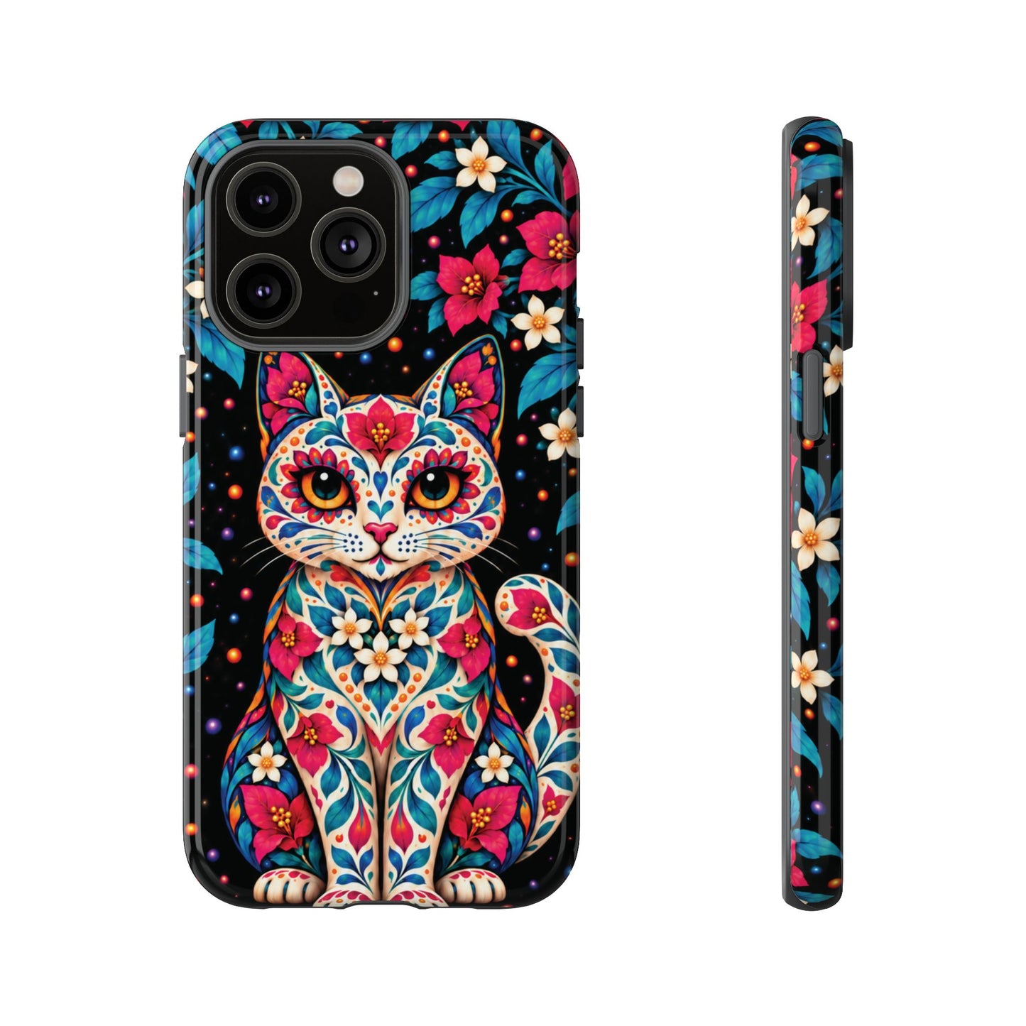 Vibrant Pink and Turquoise Calavera Cat Phone Case - Multicolor Phone Case - iPhone 14 Pro Max / Glossy