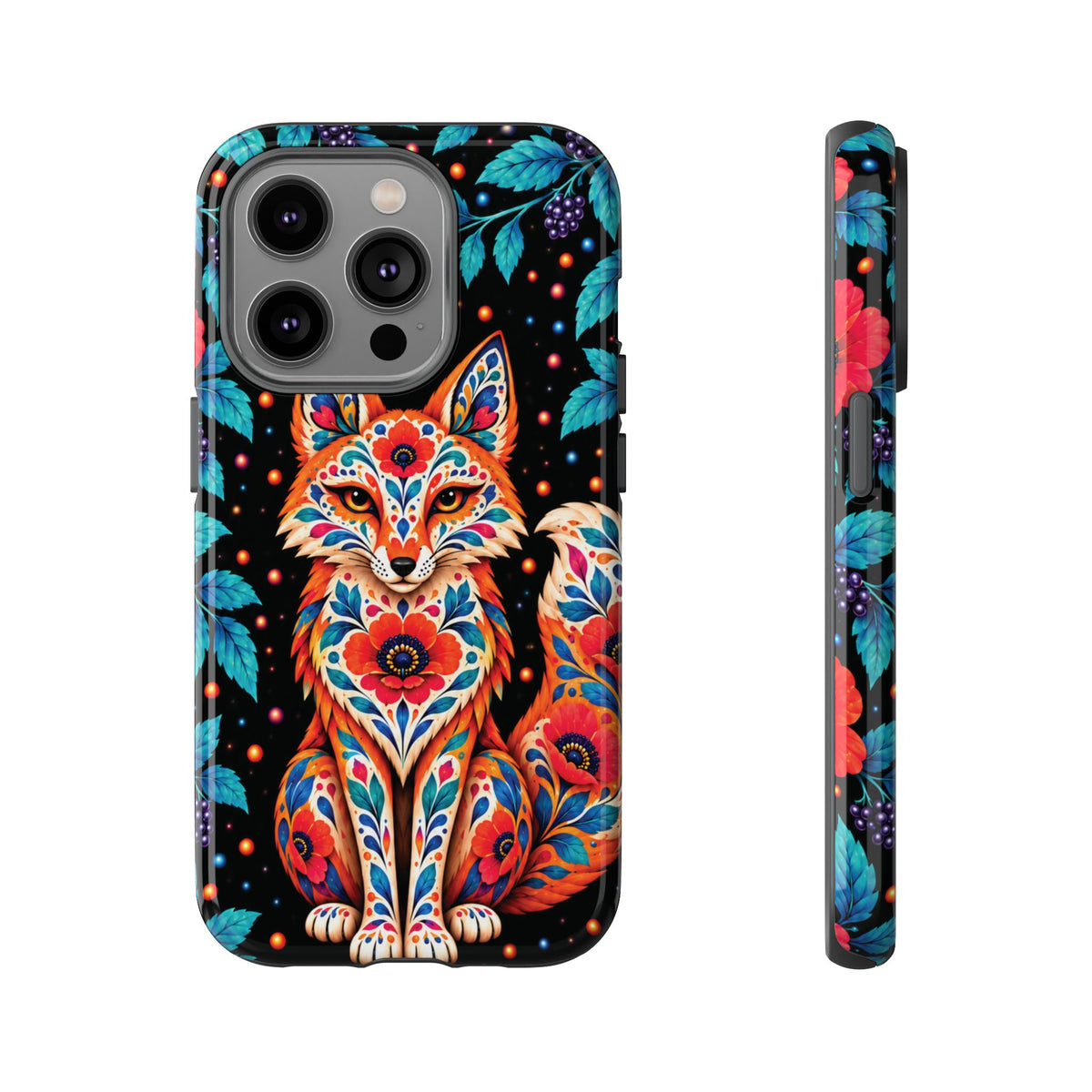 Vibrant Orange and Turquoise Calavera Fox Phone Case - Multicolor Phone Case - iPhone 14 Pro / Glossy