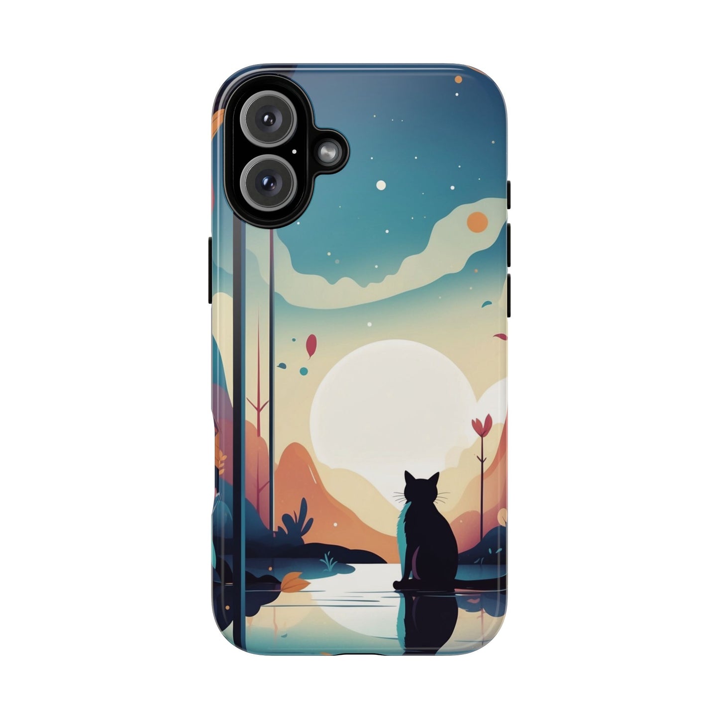 iPhone 16 Plus / Glossy Phone Case - Stylised Cat & Moon Design Phone Case