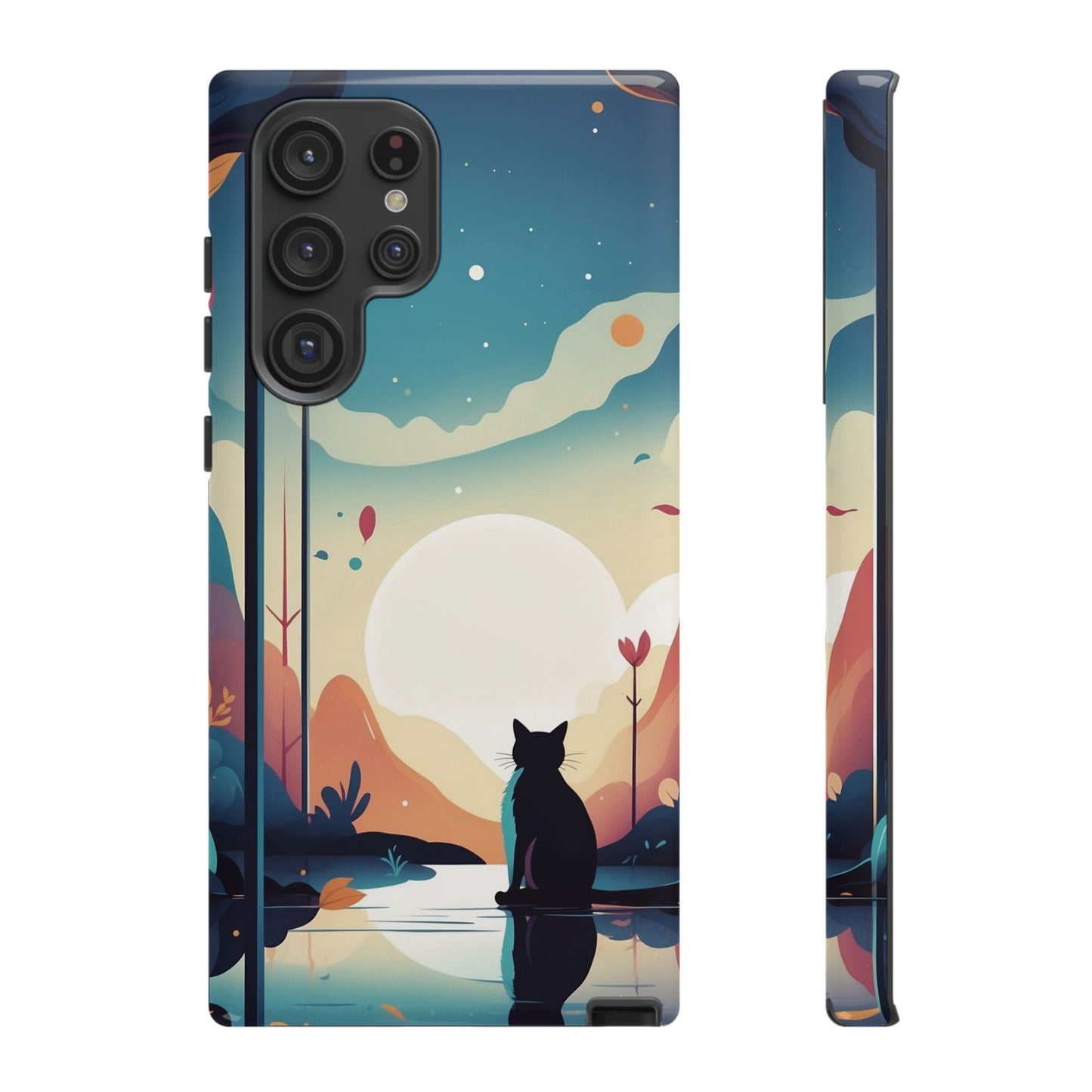 Samsung Galaxy S22 Ultra / Glossy Phone Case - Stylised Cat & Moon Design Phone Case
