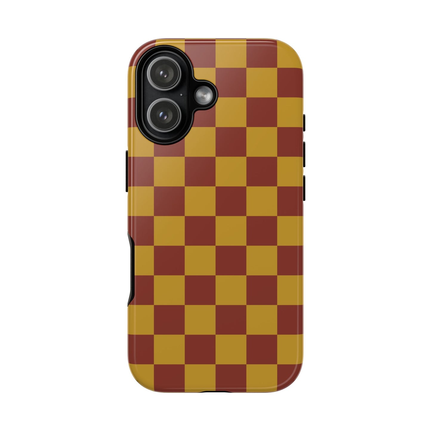 iPhone 17 / Glossy Phone Case - Trendy Mustard & Burgandy Checked Pattern Phone Case