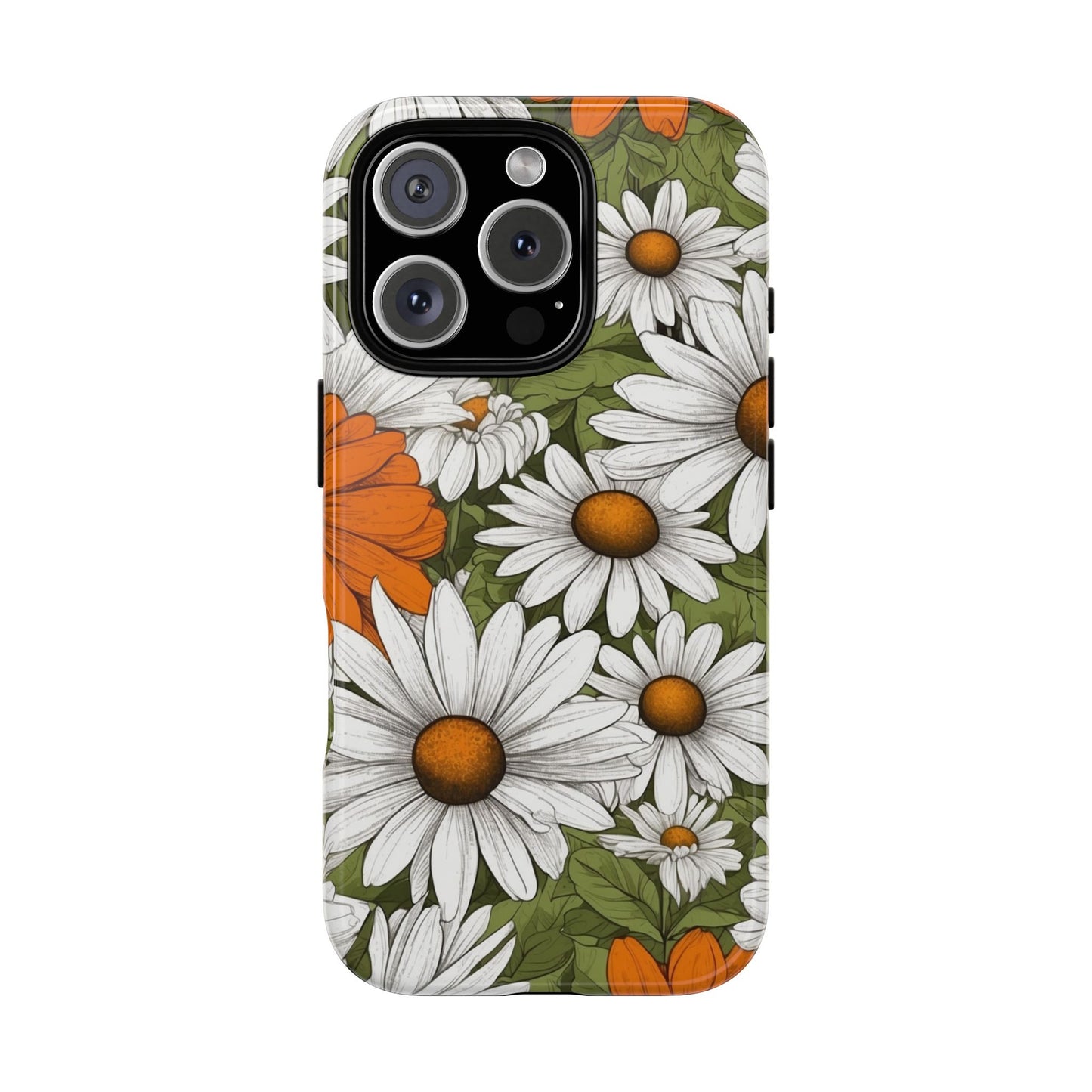iPhone 16 Pro / Glossy Phone Case - Boho Chic Daisies Floral Pattern ’White Orange & Green’ Phone Case