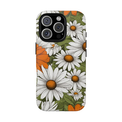 iPhone 16 Pro / Glossy Phone Case - Boho Chic Daisies Floral Pattern ’White Orange & Green’ Phone Case