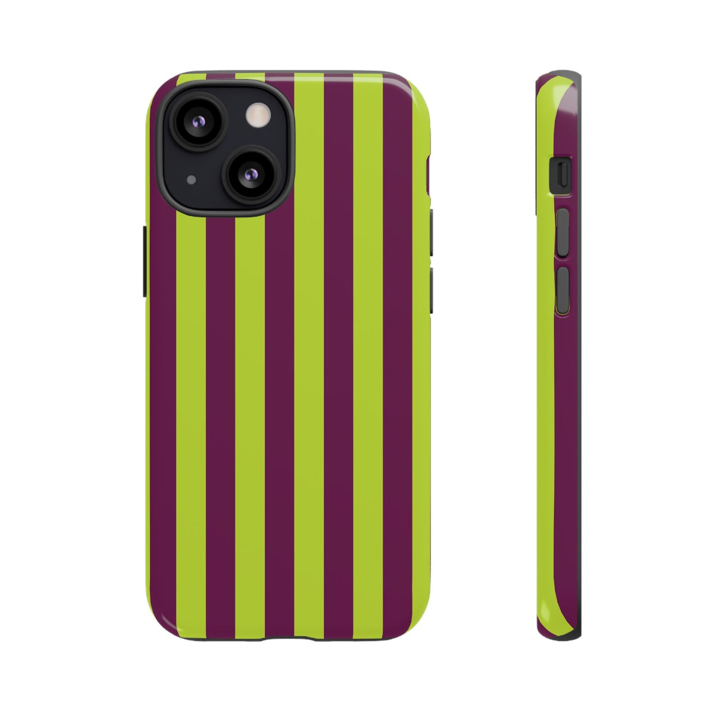 iPhone 13 Mini / Glossy Phone Case - Trendy Neon Lime Green & Plum Stripe Pattern Phone Case