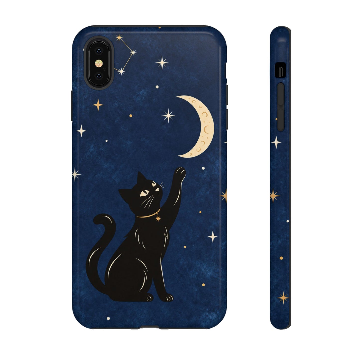 Whimsical Navy Blue Celestial Black Cat Phone Case