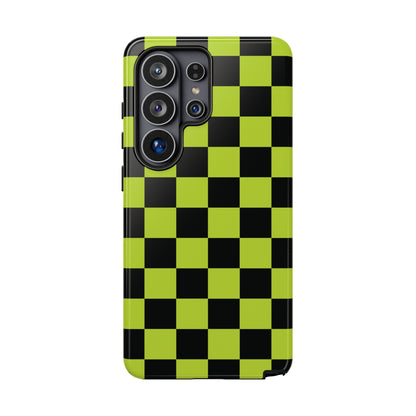 Trendy Neon Lime Green & Black Checked Pattern Phone Case - Green Phone Case - Samsung Galaxy S26 Ultra / Glossy