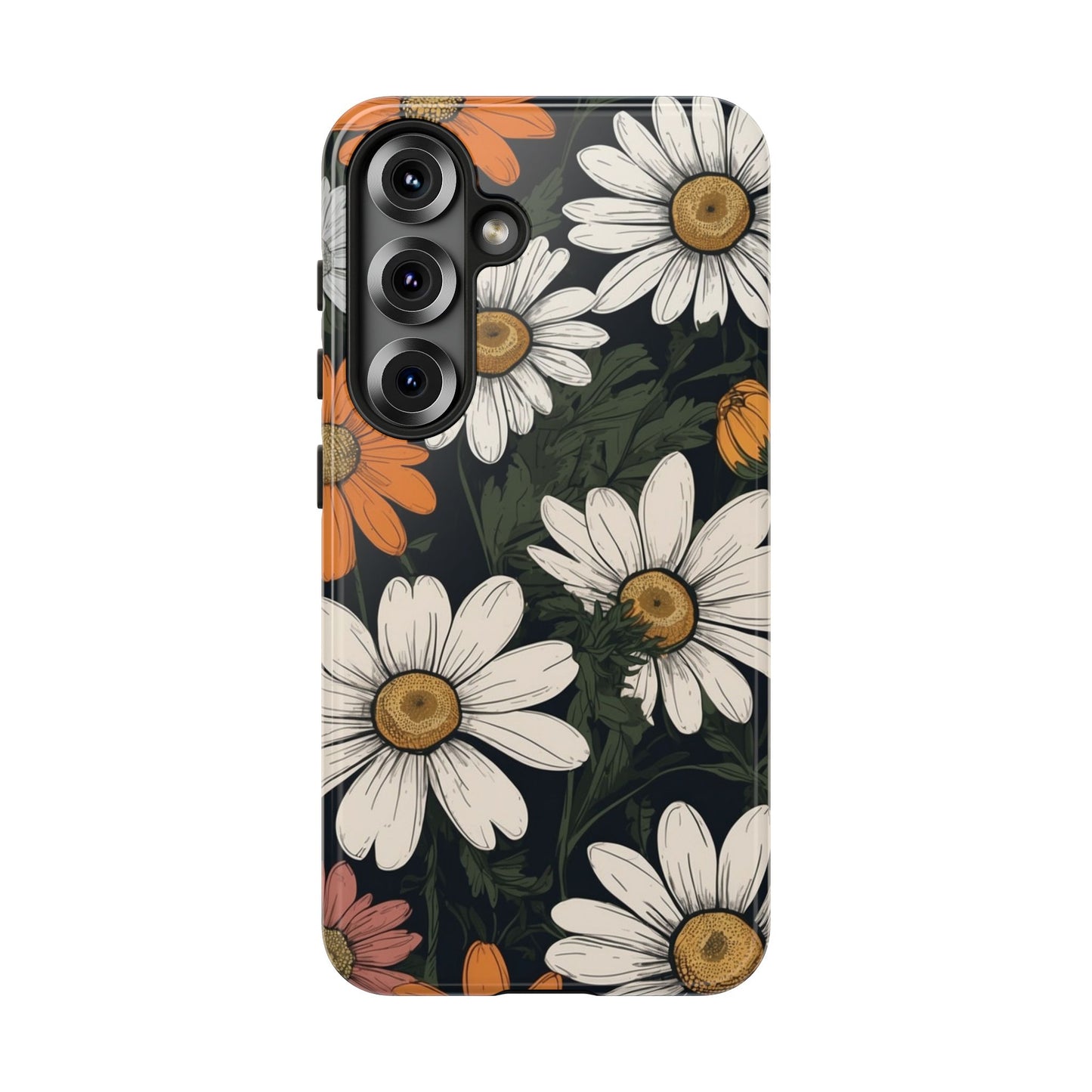 Samsung Galaxy S25 / Glossy Phone Case - Boho Chic Daisies Floral Pattern ’White Orange & Pink’ Phone Case