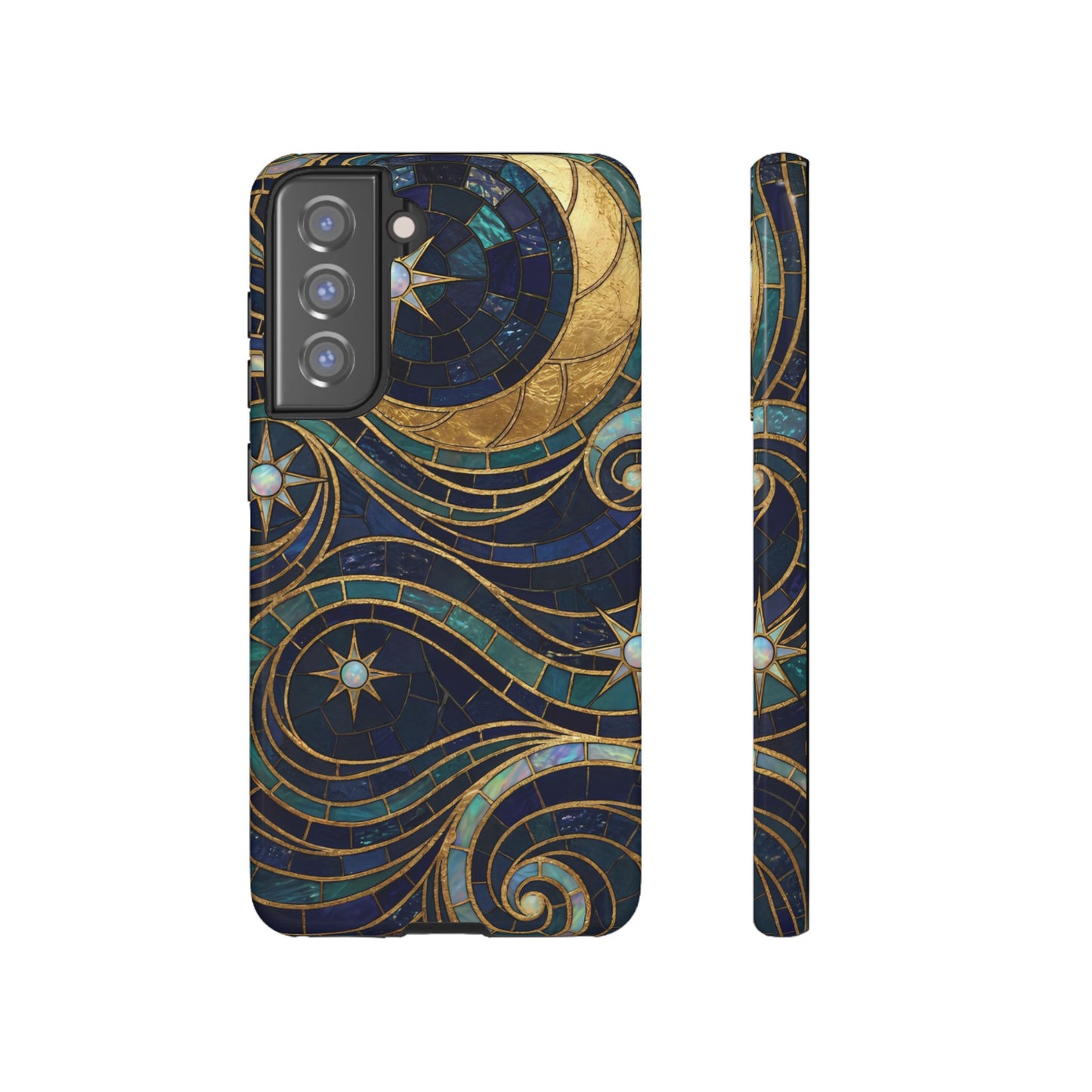 Elegant Navy & Gold Crescent Moon Mosaic Phone Case