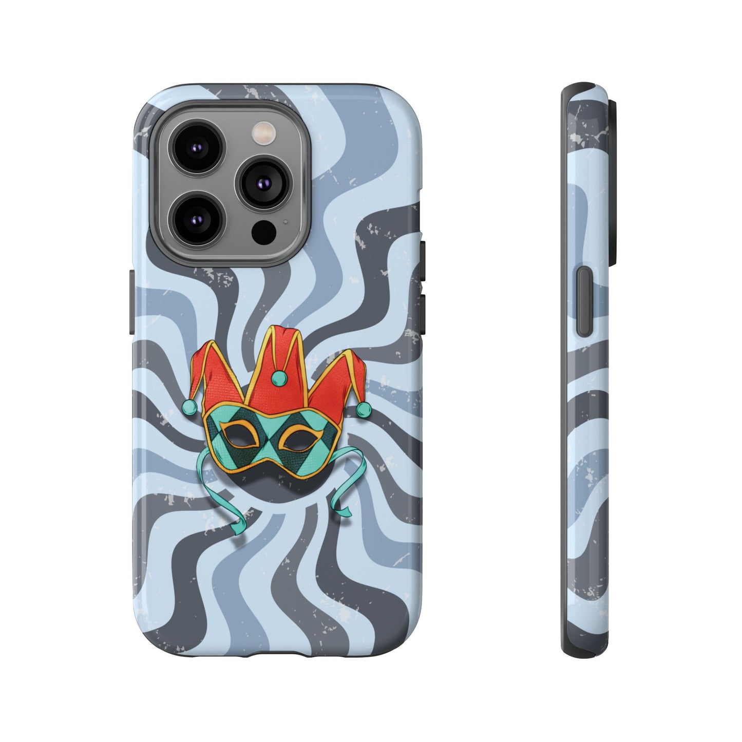 iPhone 14 Pro / Glossy Phone Case - Venetian Jester Mask – Blue Retro Soft Revival Phone Case
