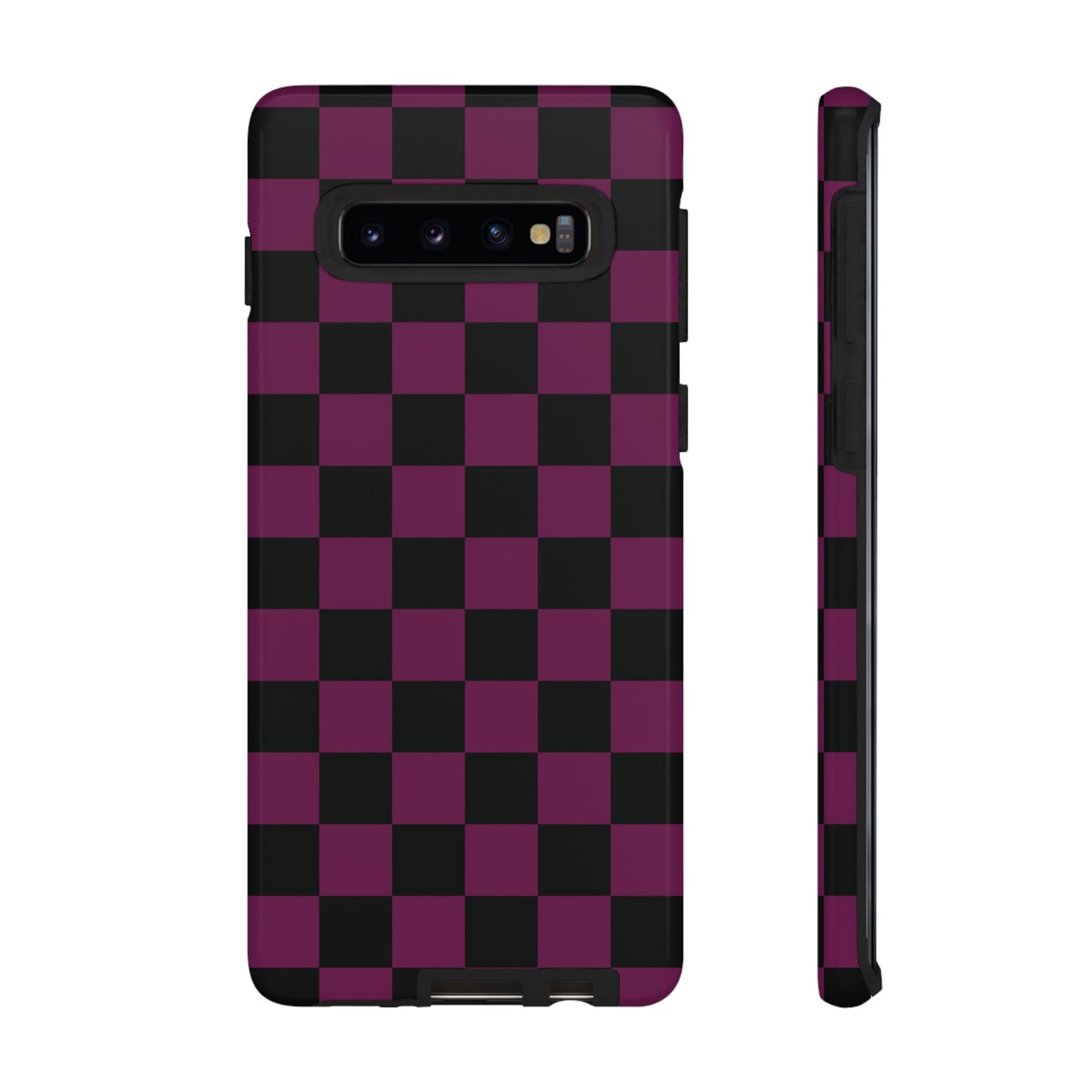 Samsung Galaxy S10 / Glossy Phone Case - Trendy Plum & Black Checked Pattern Phone Case