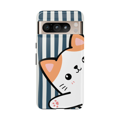 Playful Peakaboo Cat with Blue Stripe Pattern Phone Case - Blue Phone Case - Google Pixel 8 Pro / Glossy