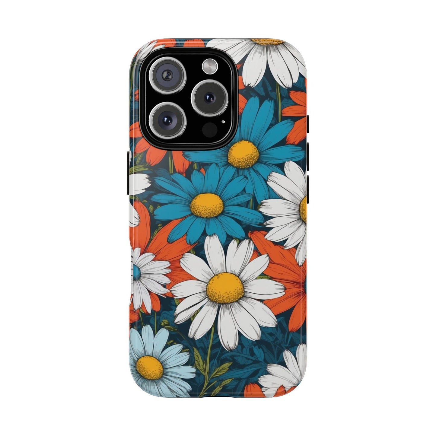 iPhone 16 Pro / Glossy Phone Case - Pop Art Daisies Illustration ’Red & Blue’ Phone Case