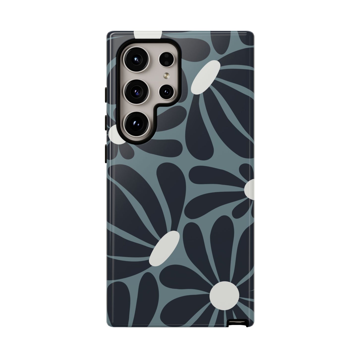 Samsung Galaxy S24 Ultra / Glossy Phone Case - ’Retro Navy Blue & White Daisy Pattern’ Phone Case