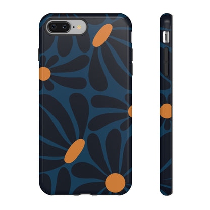 Dark Blue & Orange Daisy Pattern Phone Case - Blue Phone Case - iPhone 8 Plus / Glossy